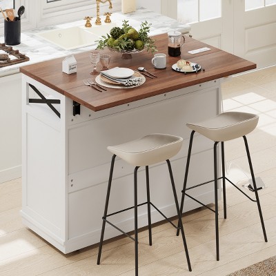 46.5'' Farmhouse Kitchen Island with Drape of Beads, Power Outlet, Rolling Kitchen Cart on Wheels with Drop Leaf