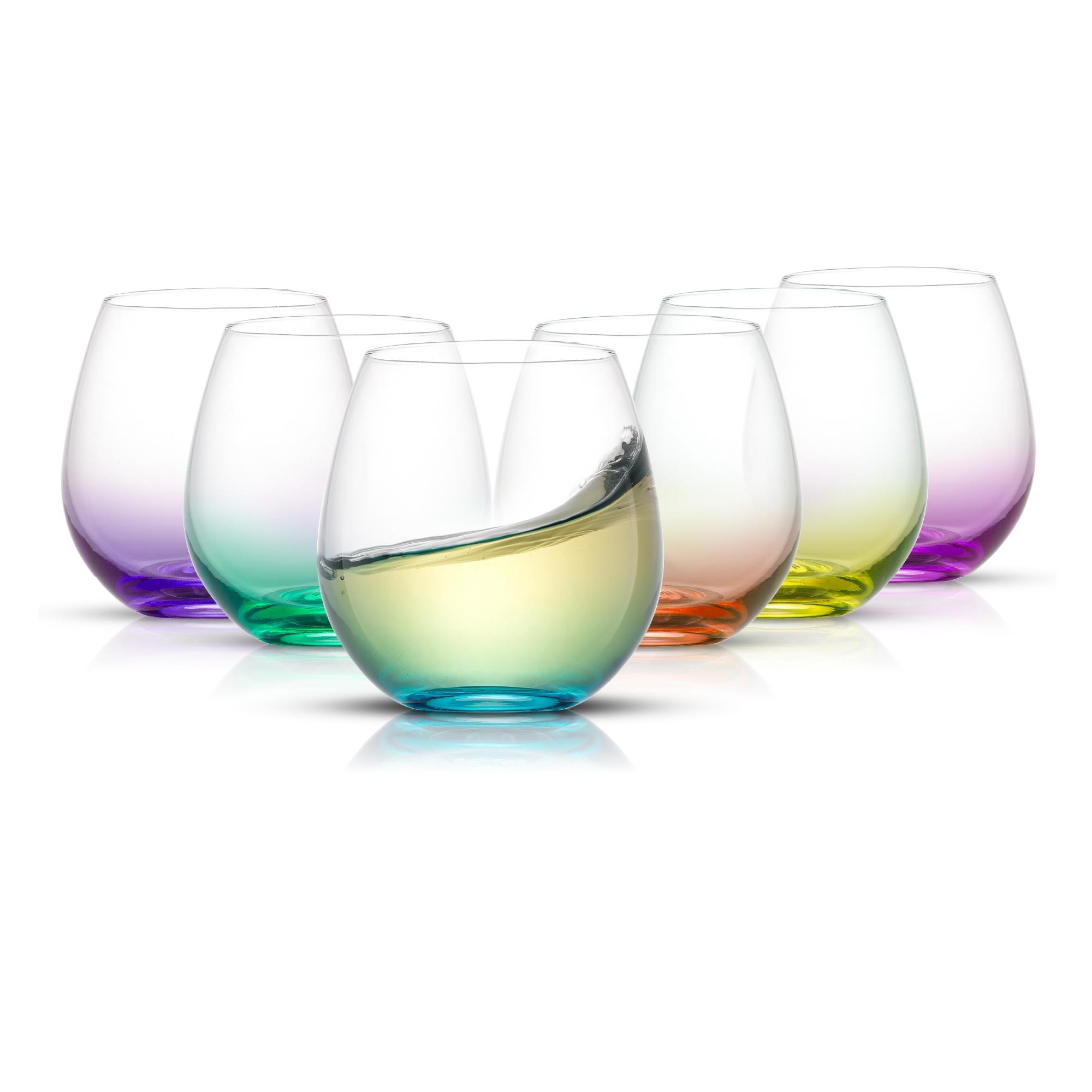 JoyJolt Hue Colored Stemless Wine Glass-Set of 6 Colorful Red or White Wine Drinking Glasses- 15 oz
