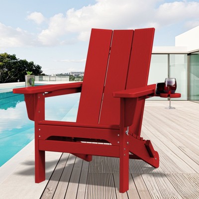 Hyleory Outdoor HDPE Folding Adirondack Chairs with 2 Cup Holders-103 degrees Curved Backrest Patio Accent Chair