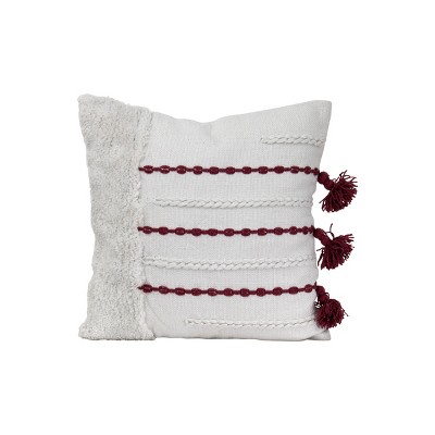 White Striped Hand Woven 20x20" Outdoor Decorative Throw Pillow with Hand Tied Tassels - Foreside Home & Garden