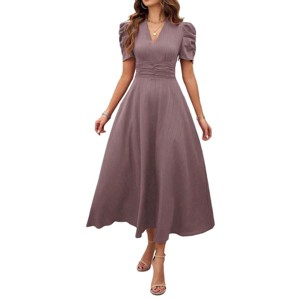 BLUEMING Womens Casual Maxi Dresses Puff Sleeve V Neck Flowy Vacation High Waist Boho Pleated Dresses - 1 of 4