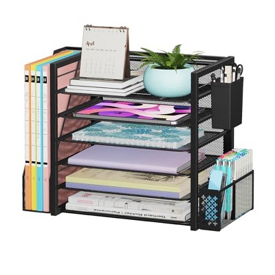 Simple Trending 6 Tier Desk File Organizer, Paper Letter Tray Organizer with File Holder and Pen Container, Black