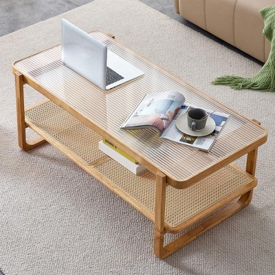 Modern Rattan Coffee Table,Rectangular Center Table with Tempered Glass Tabletop,2 Tier Wood Tea Table for Living Room Office Bedroom