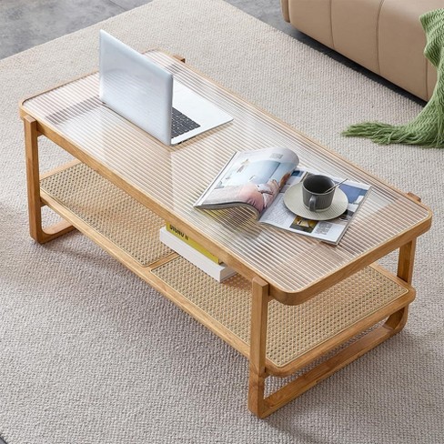 Modern Rattan Coffee Table Rectangular Center Table with Tempered Glass Tabletop 2 Tier Wood Tea Table for Living Room Office Bedroom Natural Color