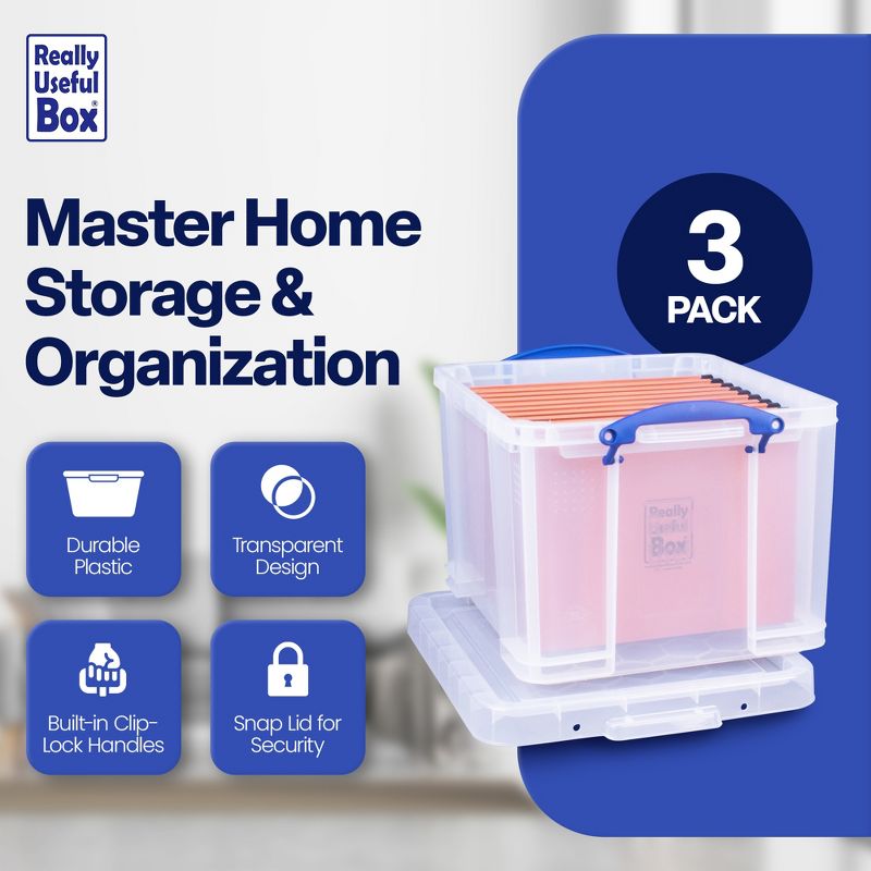 Really Useful Box 32 Liters Storage Bin Container with Snap Lid and Clip Lock Handles for Lidded Home and Office Storage Organization (3 Pack), 2 of 7