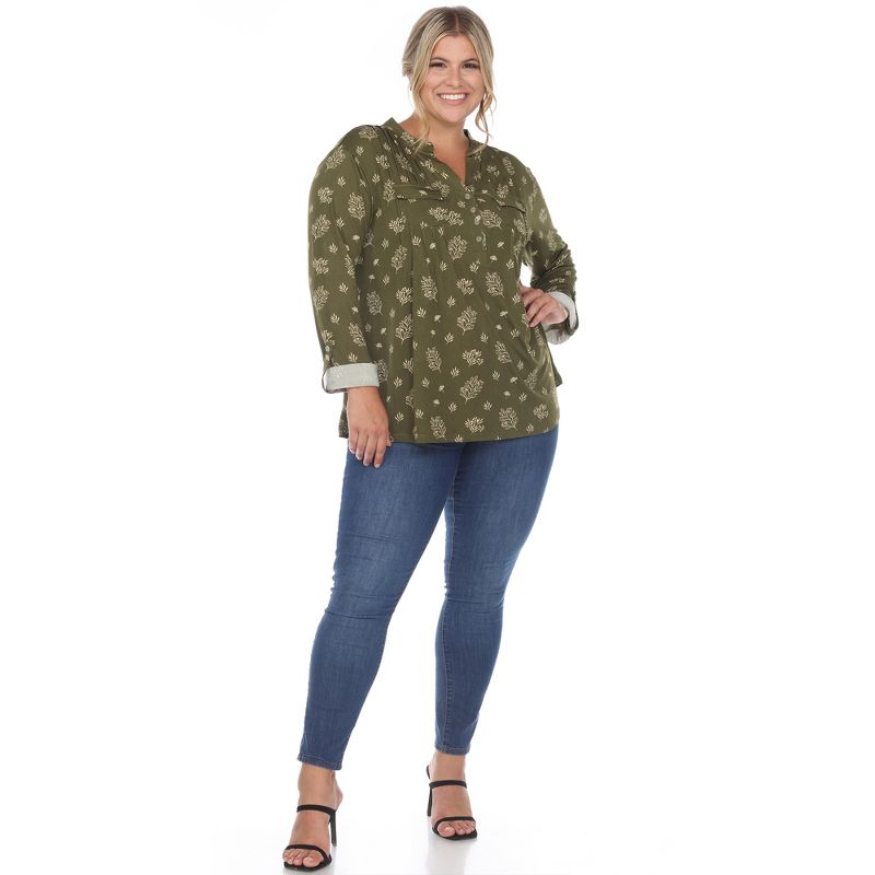 Plus Size Pleated Long Sleeve Leaf Print Blouse, 4 of 6