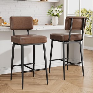 Bar Stools Set of 2, 26" Faux Leather Counter Height Bar Stool with Back, Metal Legs, Modern Upholstered Barstool Chairs for Island, Counter Bar - 1 of 4