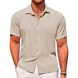 COOFANDY Men's Casual Short Sleeve Button Down Shirt Textured Summer Beach Shirt - 1 of 4