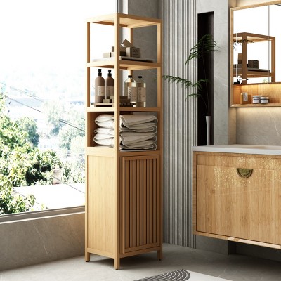 Modern Bathroom Storage Organizer,Bamboo Storage Cabinet with Shelves And Slatted Door,Kitchen Freestanding Linen Tower Cabinet-Cuddlewood