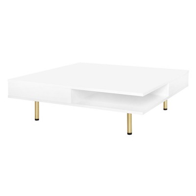 Lirago Modern High Gloss Coffee Table with 4 Golden Legs and 2 Hidden Drawers, 2-Tier Square Living Room Center Table, White
