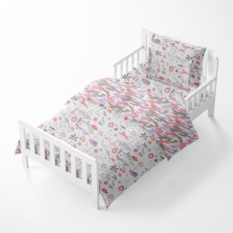 Bacati - Jungle Safari Girls Lilac/Coral Muslin 5 pc Toddler Bedding Set with Dec Pillow, 2 of 10