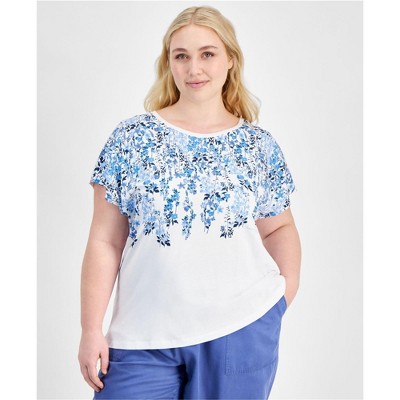 Tommy Hilfiger Womens Blue Top Floral Peasant Blouse, Blue, 2X