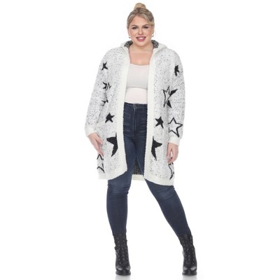 Plus Hooded Open Front High Pile Fleece Coat - White Mark