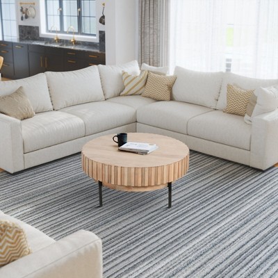 Royal Hampton, Modern Handcrafted Round Coffee Table Oak White Wood Top with Grooved Edges Black Iron Legs, 36 Inch