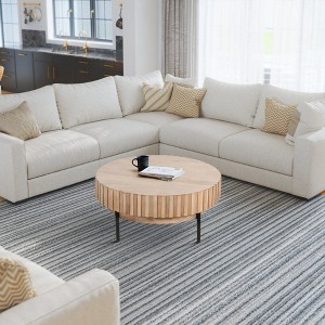 Royal Hampton, Modern Handcrafted Round Coffee Table Oak White Wood Top with Grooved Edges Black Iron Legs, 36 Inch - 1 of 4