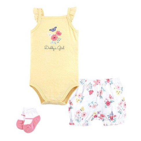 Hudson Baby Infant Girl Bodysuit, Short and Sock, Butterfly Floral Daddy - image 1 of 4