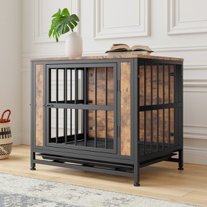 VisioGear 27.48" Dog Crate Furniture, Wooden Dog Crate Table with 2 Sliding Doors, Decorative Pet Crate House, Rustic Brown, 27.48"*20.12"*24.57" - 1 of 4