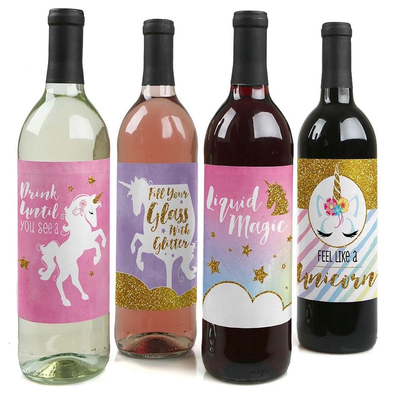 Big Dot of Happiness Rainbow Unicorn - Magical Unicorn Baby Shower or Birthday Party Decor for Women and Men - Wine Bottle Label Stickers - Set of 4, 1 of 9