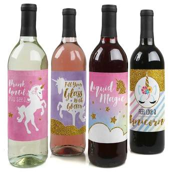 Big Dot of Happiness Rainbow Unicorn - Magical Unicorn Baby Shower or Birthday Party Decor for Women and Men - Wine Bottle Label Stickers - Set of 4