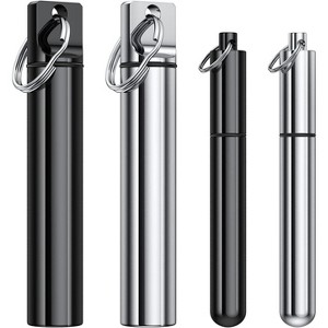 4 Pieces Metal Portable Toothpick Holder, Aluminum Alloy Pocket Case with Keychain for Outdoor Picnic, Silver & Black - 1 of 4