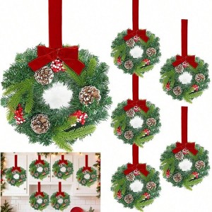 6 Pcs Small Wreath Cabinets Kitchen Xmas Decor 11.5 Inch with Bow Frosted Berries Pine Tips Pinecones Hanging Indoor Fireplace - 1 of 4