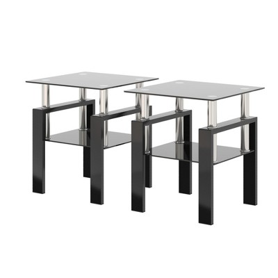 Syemin Glass End Tables, 2PCS Double Tier Large Side Table with Tempered Glass Top for Living Room Decoration, Black, 17.72"*17.72"*20.5"