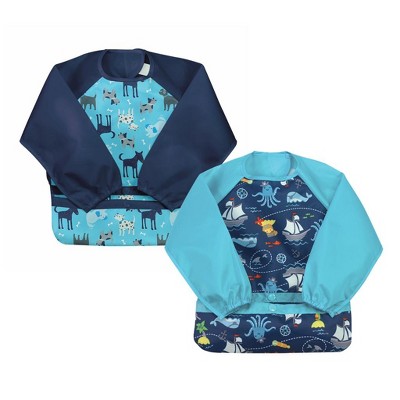 Image of Green Sprouts Snap & Go Easy-wear Long Sleeve Bib (2 pack)-Aqua Dogs & Aqua Pirates-12-24mo