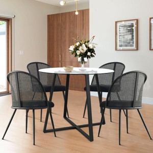 5-piece Dining Set for 4, Round Glass Dining Table Set with 4 Black Mesh Rattan Chair for School Apartment, Dining Room Furniture - The Pop Home - 1 of 4
