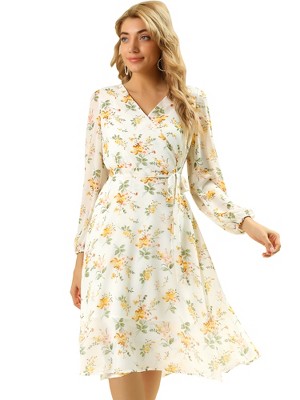 Allegra K Women's Boho Floral V Neck Tie Waist Long Sleeve Chiffon Wrap Midi Dress