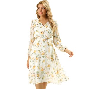 Allegra K Women's Boho Floral V Neck Tie Waist Long Sleeve Chiffon Wrap Midi Dress - 1 of 4