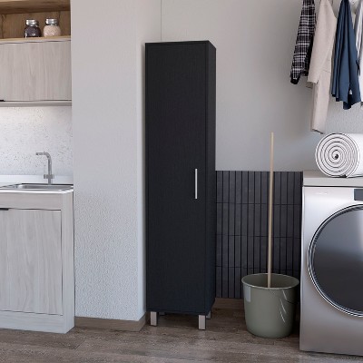 Vynxaria Lawen Tall Storage Cabinet: Single Door with 3 Broom Hangers, Perfect for Organizing Your Space Efficiently.