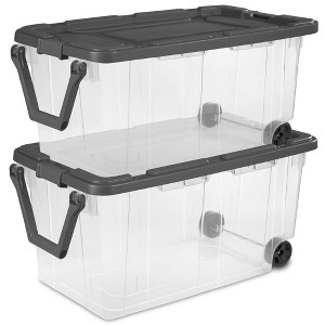 Sterilite 160 Quart Latching Stackable Bedroom Closet Playroom Wheeled Storage Box Container Bin with Gray Lid and Clear Sides - 1 of 4