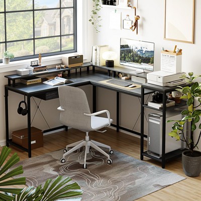 68 inch Gaming Desk with Power Outlet, Reversible L Shaped Desk with Monitor Stand & Storage Shelves