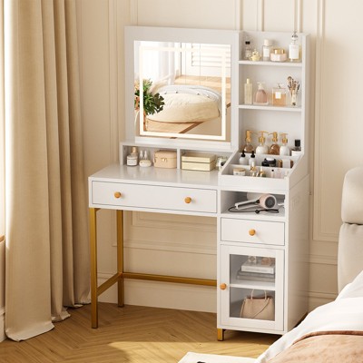 COZONY White Vanity Desk with Lighted Mirror & Power Outlet – Large Makeup Vanity Table with Drawers & Shelves