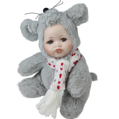 Northlight 6.75" Gray and White Pucker Up Baby in Mouse Costume Collectible Christmas Doll