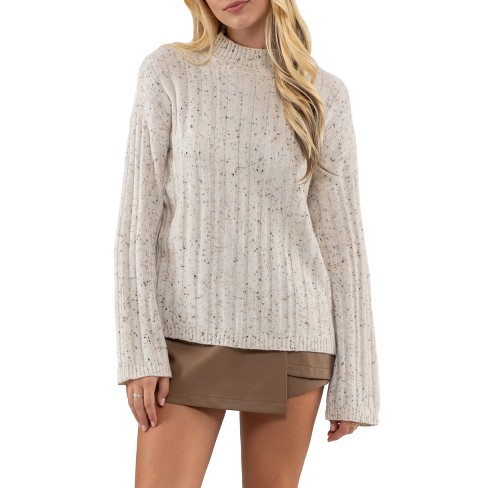 August Sky Women's Mock Neck Speckled Pullover Sweater (ivory