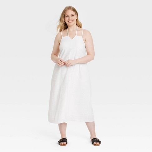 White Linen Sun Dress, Short Lined Tunic, Casual Lined Dress With Pockets,  Midi Sleeveless, Adjustable Straps, Plus Size Petite Clothing 
