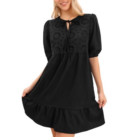 Женские платья INSPIRE CHIC Women's Summer Embroidered Eyelet Puff Sleeve Ruffle Hem Short Babydoll Dresses Small Black