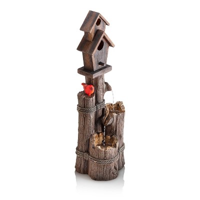 35" Rustic Brown Polyresin Birdhouse Outdoor Fountain