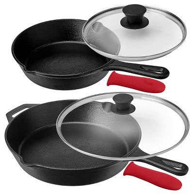 MegaChef Pre-Seasoned 9 Piece Cast Iron Skillet Set with Lids and Red  Silicone Holder