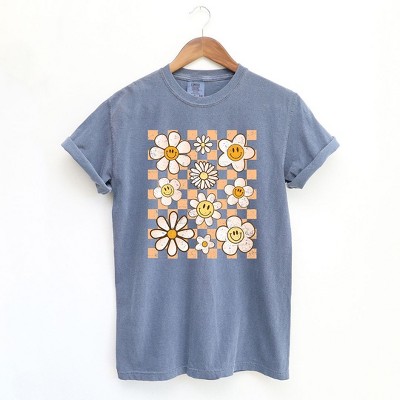Simply Sage Market Women's Checkered Smiley Face Flowers Short Sleeve Garment Dyed Tee
