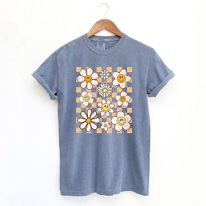 Simply Sage Market Women's Checkered Smiley Face Flowers Short Sleeve Garment Dyed Tee - 1 of 2
