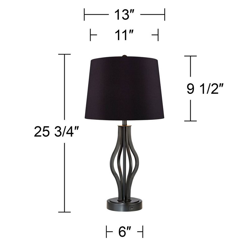 360 Lighting Heather Modern Industrial Table Lamps 25 3/4" High Set of 2 Dark Iron with USB Charging Port Black Faux Silk Drum Shade for Bedroom Desk, 4 of 7