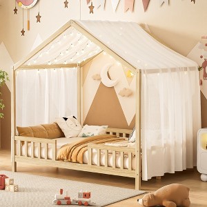 KWPZQEB Canopy Bed for Kids, Montessori Floor Bed Frame with High Guardrails and Roof, Wood Toddler Bed Frame for Girls & Boys - 1 of 4