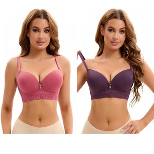 INSPIRE CHIC 2 Pcs Women's Lace Trim Underwire Adjustable Straps Plus Cup Size Push Up Bras - 1 of 4