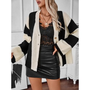 YesFashion Womens Loose Long Sleeve Cable Knitted Color Block Boho Striped Sweater Cardigans for Early Spring,Fall or Winter - 1 of 4