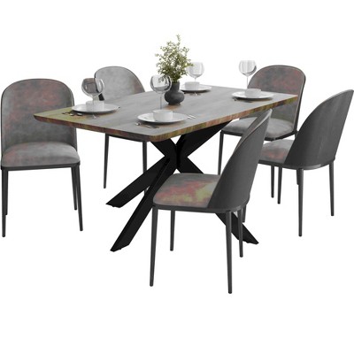LeisureMod Ravenna 6-Piece Dining Set - 63" Rectangular MDF Wood Dining Table, 5 Leather Dining Chairs