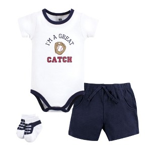 Hudson Baby Infant Boy Bodysuit, Short and Sock, Great Catch Baseball - 1 of 4