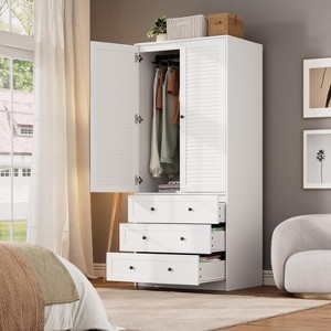 Armoire Wardrobe Closet with Drawers, 69.5" Wooden Wardrobe Cabinet with Hanging Rod - 1 of 4