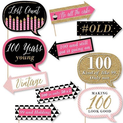 Big Dot of Happiness Funny Chic 100th Birthday - Pink, Black and Gold - Birthday Party Photo Booth Props Kit - 10 Piece